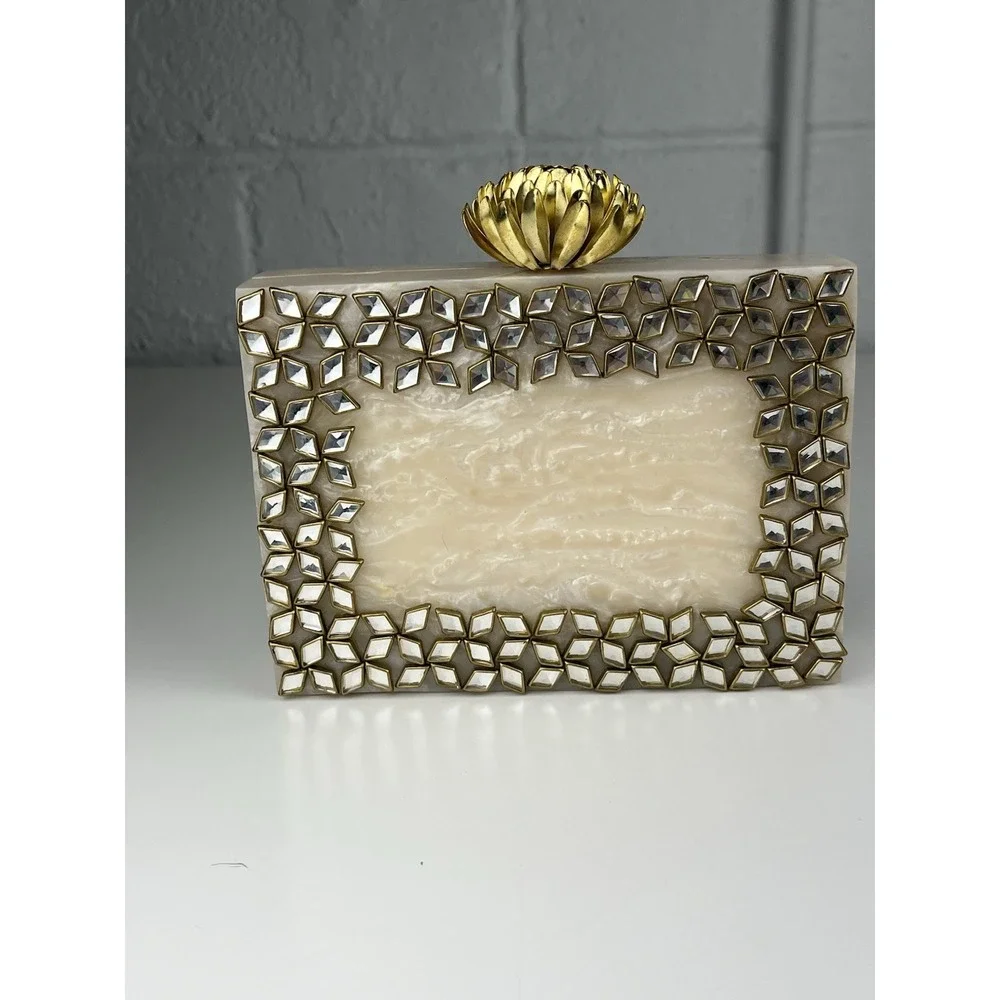 Kundan Mirror Rhinestone Clutch Resin Cream Marble Gold Tone Chain Boho Flower